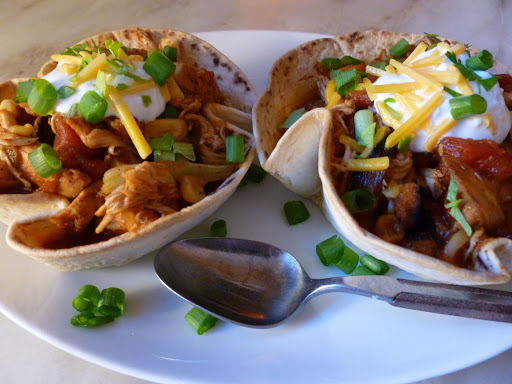 Chunky Chicken and Veggie Chili In Tortilla Bowls