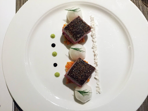 Viking-Star-Chefs-Table-dish - A Spicy Tuna Tataki, with coriander and peppercorns, served during a Chef's Table meal aboard Viking Star.  