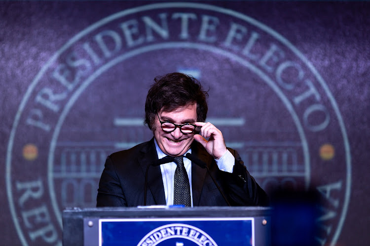 Newly elected President of Argentina Javier Milei of La Libertad Avanza speaks after the polls closed in the presidential runoff on November 19, 2023 in Buenos Aires, Argentina. Picture: TOMAS CUESTA/ GETTY IMAGES