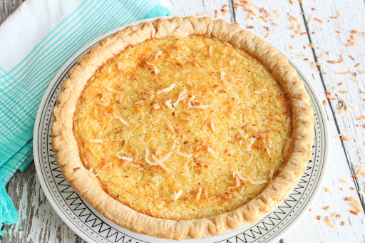 Lizzie's Coconut Custard Pie ready to be sliced.