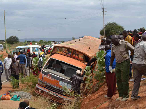 A vehicle belonging to the Mwingi Travellers’ Sacco. e licence was suspended by NTSA when it was involved in an accident near Mwingi town recently /MUSEMBI NZENGU