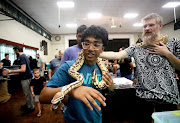 Trilochan Naidoo admires a vesta fire pastel displayed by Gareth Sykes from Aquartica which is selling for R2000 at a Reptile Expo by Northcoast Contractors in Pinetown. The reptile expo is back with a bang after 6 years of drought in KwaZulu-Natal. Some snakes like the VPI axanthic clown were selling for R35000. 