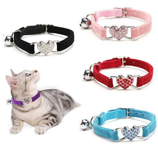 Heart Charm and Bell Cat Collar Safety Elastic Adjustable with Soft Velvet Material 8 Colors Pet Product Small Dog Colla