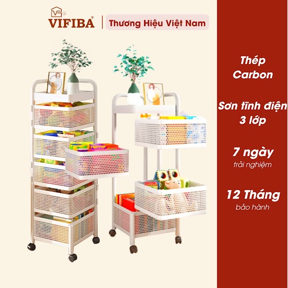 Kệ Xoay Đa Năng Nhà Bếp Vifiba Vuông 5 Tầng 26X26X95Cm Sơn Tĩnh Điện Thép Carbon Không Gỉ Màu Trắng