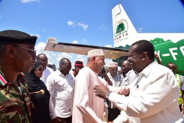 Prime Cabinet Secretary Musalia Mudavadi is received by Lamu Governor Issa Timamy for a two-day tour of the county