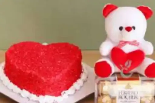 Red Velvet Heart Shape Cake & 1 Teddy Bear