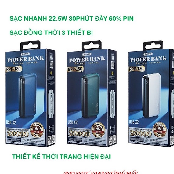 Chính Hãng Sạc Dự Phòng 20.000Mah Remax Rpp - 180 Sạc Nhanh Qc3.0 18W, 22.5W, Pd 20W, Vooc 2.0 3 Thiết Bị Cùng Lúc