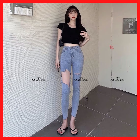 Quần Jean Nữ Lưng Cao Rách Gối Co Giãn, Quần Bò Nữ Dáng Ôm Chất Jeans Đẹp Phong Cách Hàn