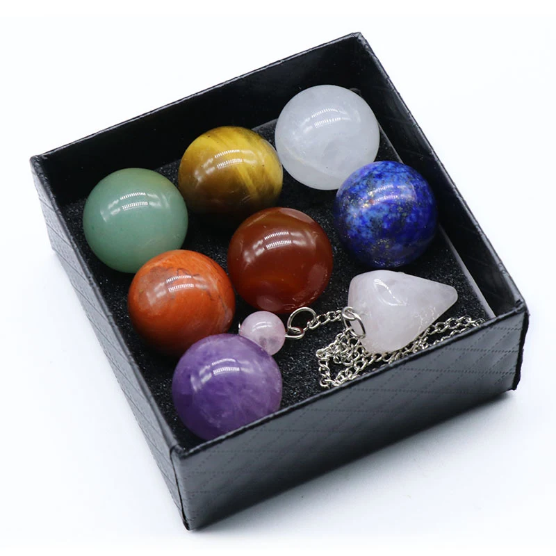 Caixa com Bola Redonda de Pedra Natural 20MM Sete Chakras. Promove equilíbrio energético, meditação e bem-estar, ideal para cura e relaxamento
