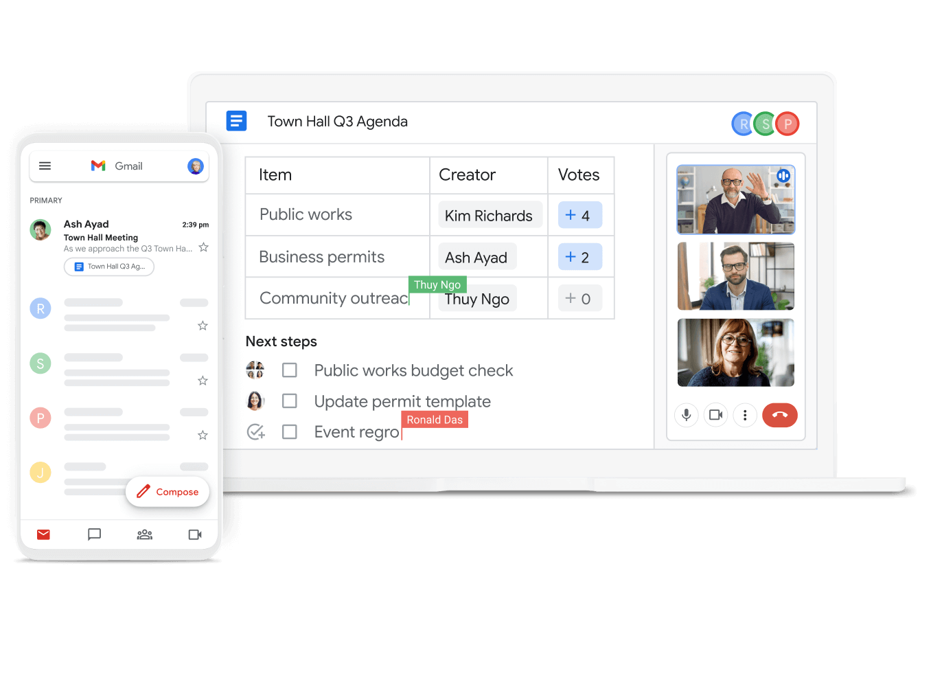 Google Workspace Arayüz görseli: Gmail, Meet ve Dokümanlar arasında Mobil ve Masaüstü cihazlardan ortak çalışma