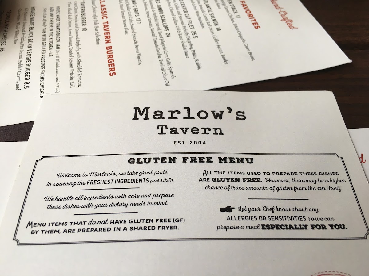 Marlow's Tavern gluten-free menu