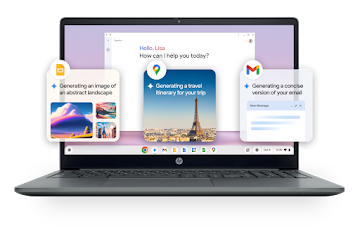 Chromebook plus device displaying Gemini feature opened and AI features UI for image, travel  itinerary and concise version of gmail generation popping out