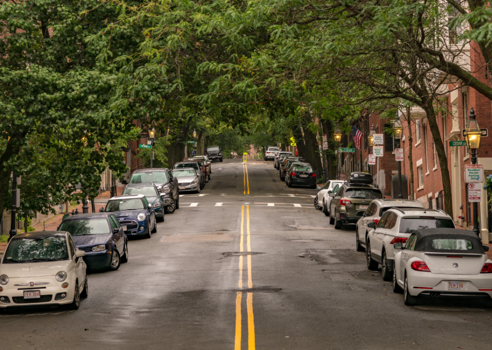 Cars lining a street in Boston, Massachusetts