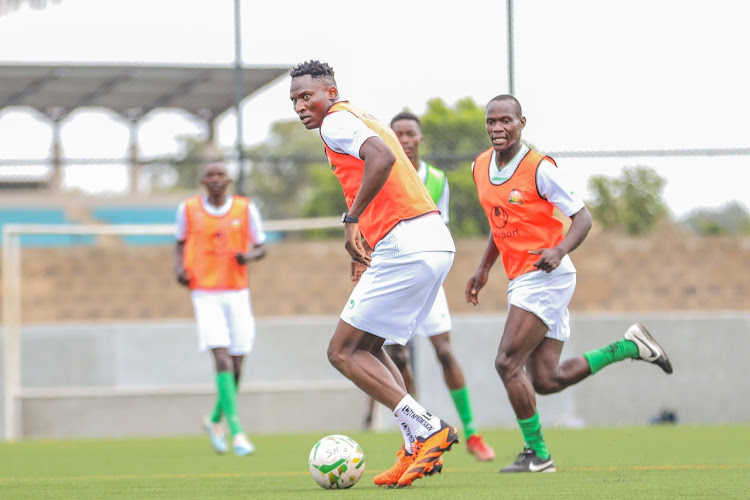 Harambee Stars captain Michael Olunga controls the ball during a training session at Nyayo Stadium