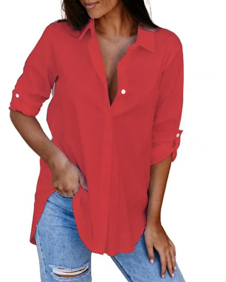 Autumn Oversize Women Shirt Long Sleeve Solid Color V Nec... - 1