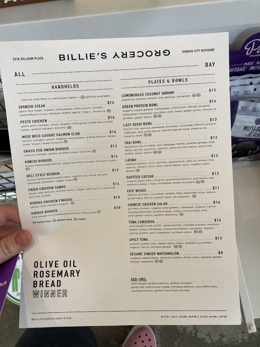 Billie's Grocery gluten-free menu