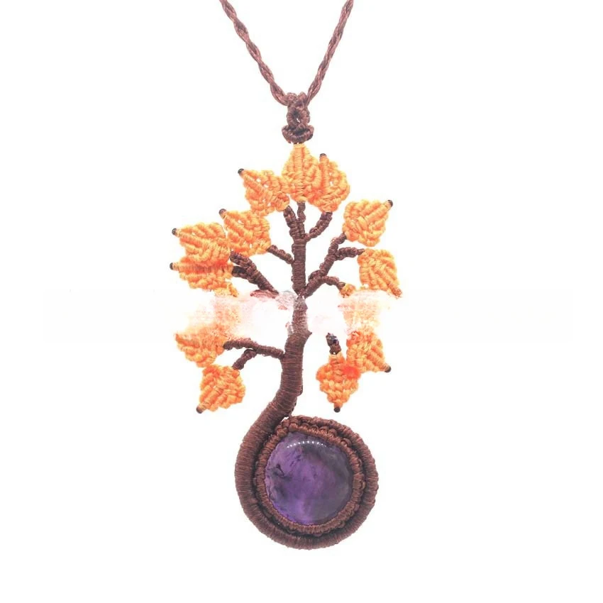 Ciondolo Albero della Vita rotondo in cristallo naturale, tessuto a mano, moda. Porta fortuna e connessione spirituale.