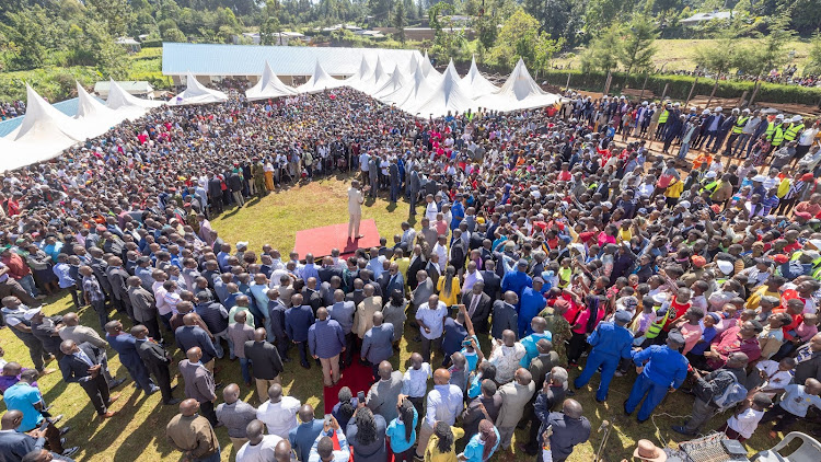 President William Ruto addreses the students and teachers at Belgut Technical Training Institute Digital Hub in Kericho County on March 14, 2024.