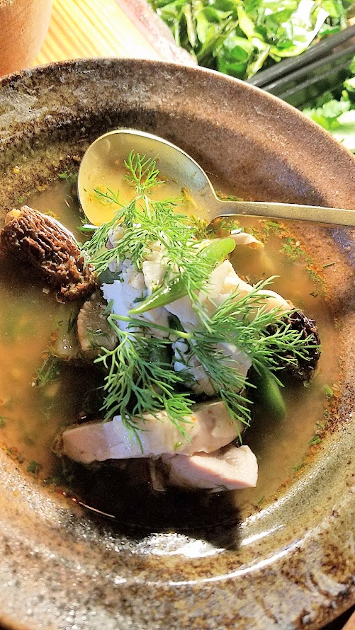 Journey of a Dinner at LangBaan with their May 2017 Tour of Thailand menu: Gang aom gai, an E-san style curry of braised chicken, thai eggplant, morels, dill