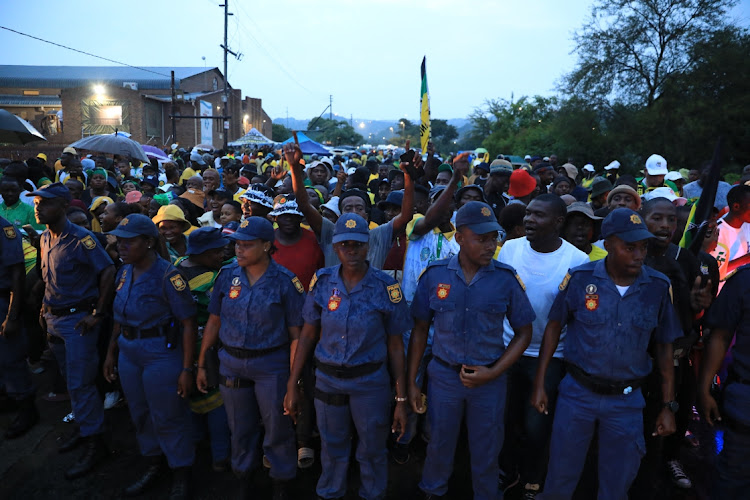 Police officers in KaNyamazane, Mpumalanga, during the Peter Mokaba memorial lecture delivered by Ramaphosa.