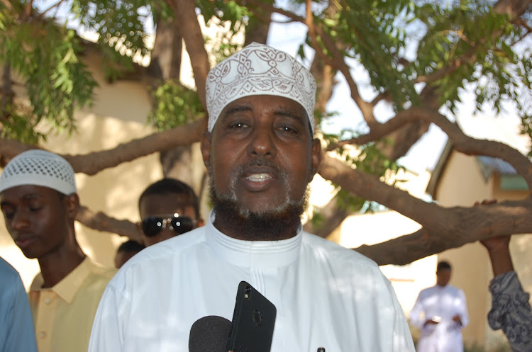 Garissa Supkem chairman Abdullahi Salat at Rtd General Mohamud Idd grounds on Tuesday after Idd prayers