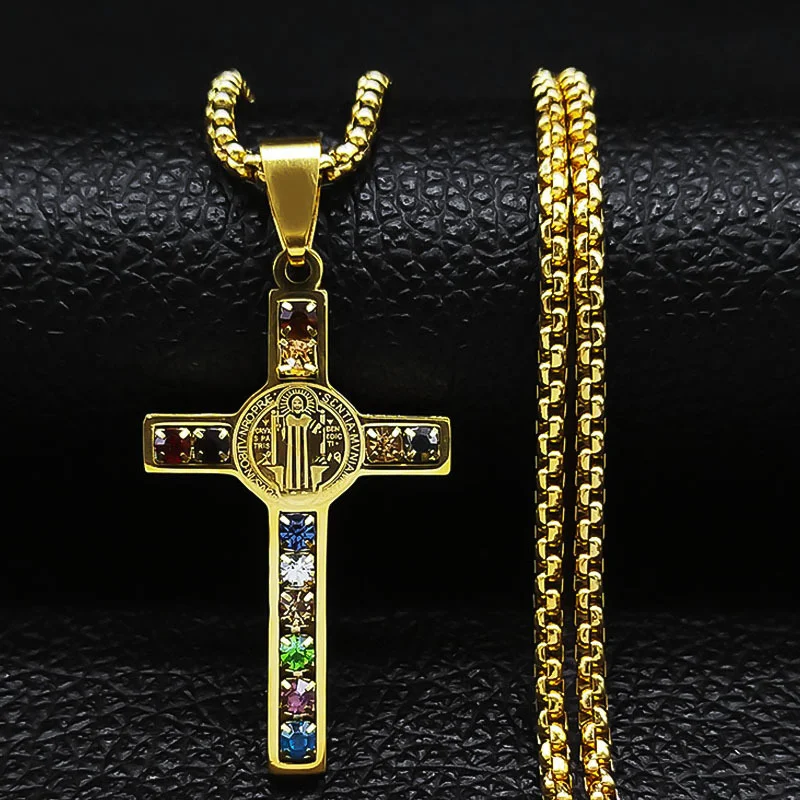 St Benedictus Kristal Kruis Hanger Ketting RVS. Bescherming en stijl. Een spirituele ketting voor mannen en vrouwen.