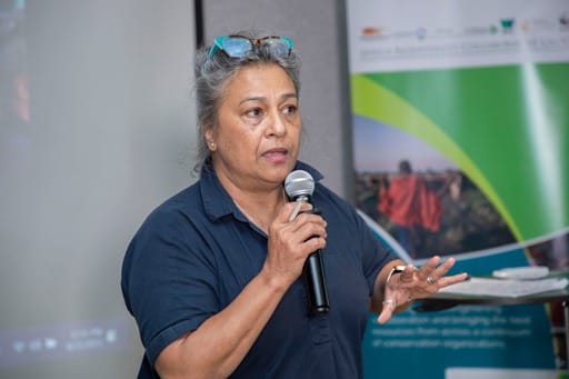 Africa Biodiversity Collaborative Group Director Africa Rubina James speaks during a Media for Environment, Science, Health and Agriculture (MESHA) Science Cafe' in Nairobi on August 24, 2023.