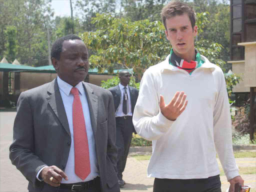 Wiper leader Kalonzo Musyoka and UK marathoner John Horsfall in Nairobi yesterday /IVY NJERI