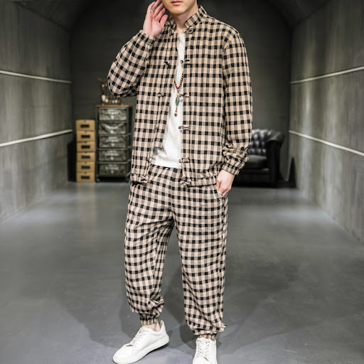 Title 5, Two Piece Chinese Tang Suit With Plaid Jacket. ...