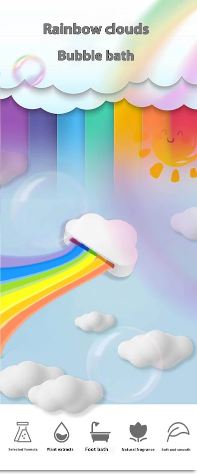 Bain de pieds nuageux Sels de bain Arc-en-ciel créatif Offrez à vos pieds une expérience relaxante et colorée avec ces sels de bain innovants et rafraîchissants