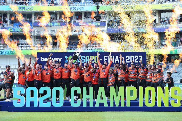 The Sunrisers Eastern Cape celebrate being crowned champions after winning the Betway SA20 final against Pretoria Capitals at the Wanderers Stadium on February 12 2023. Picture: SA20/SPORTZPICS/GALLO IMAGES