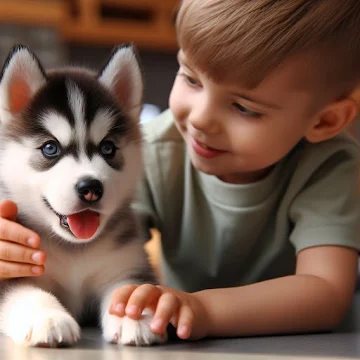 cute siberian husky Dog Puppy playing with child