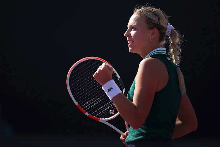 Anett Kontaveit of Estonia celebrates in her singles match against Karolina Pliskova of Czech Republic on Day 3 of 2021 Akron WTA Finals at Centro Panamericano de Tenis in Guadalajara, Mexico on November 12 2021.