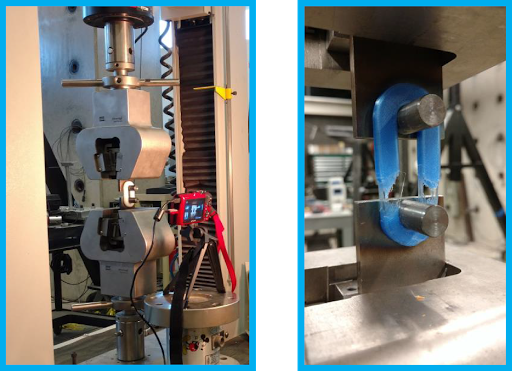 Figure 7. New specimen design loaded in MTS QTest 150 tensile testing machine. View of the custom loading pins in the MTS machine (left) and post-testing PETG specimen (right).