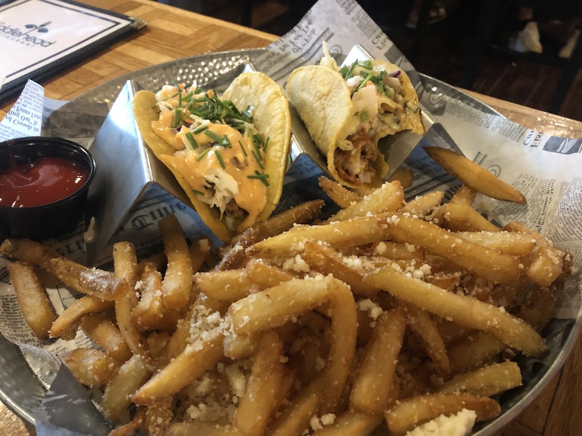 GF fish tacos and Truffle Fries