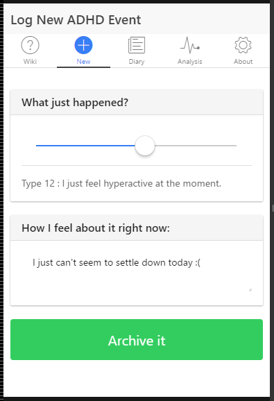 ADHD Daily Diary and Analyser Screen 2