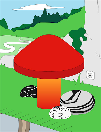 A red mushroom lamp next to three marbled rocks.