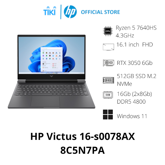 Laptop Hp Gaming Victus 16 - S0078Ax 8C5N7Pa (Ryzen 5 7640Hs/ 16Gb/ 512Gb Ssd/ Nvidia Geforce Rtx 3050 6Gb Gddr6/ 16.1Inch Fhd/ Windows 11 Home/ Black/ Vỏ Nhựa) - Hàng Chính Hãng