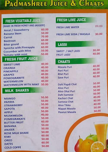 Padmashree Juice & Chaats menu 