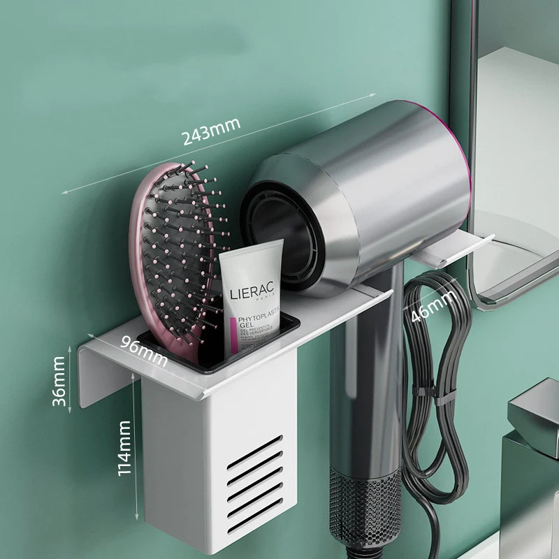Suporte para secador de cabelo de banheiro sem furos, pendurado na parede, economiza espaço e é fácil de instalar, perfeito para o banheiro.