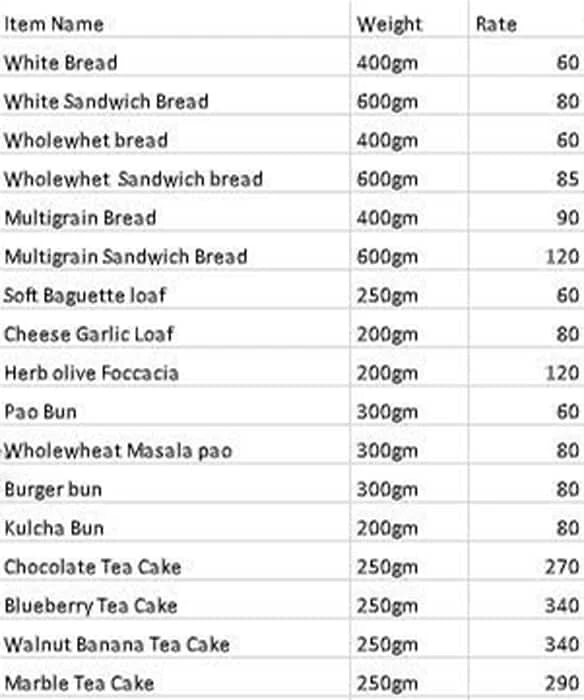 Bread & Bun menu 