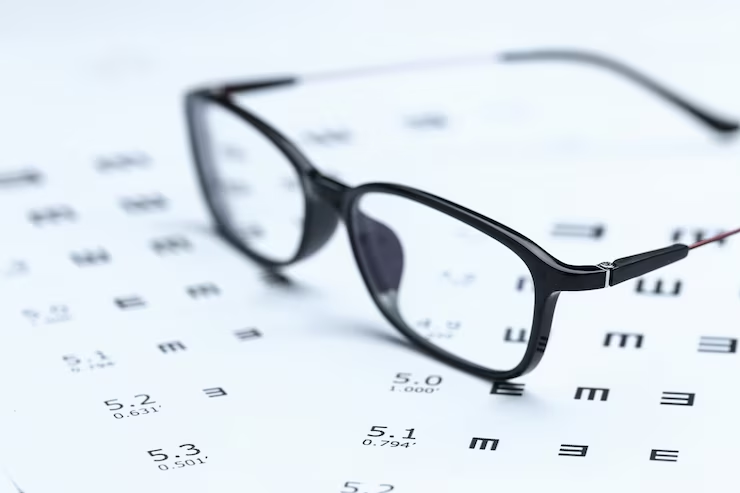 Glasses and eye chart on white background.