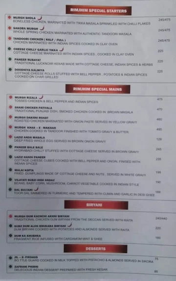 Rim Jhim Restaurant menu 