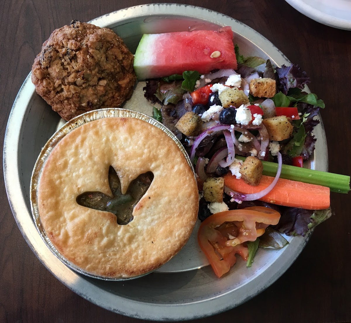 Chicken Pot Pie with Side Salad and Oatmeal Raisin Cookie.