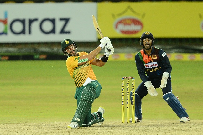 South Africa's Aiden Markram plays a shot during the first T20 International against Sri Lanka at R.Premadasa Stadium in Colombo, Sri Lanka on September 10 2021.