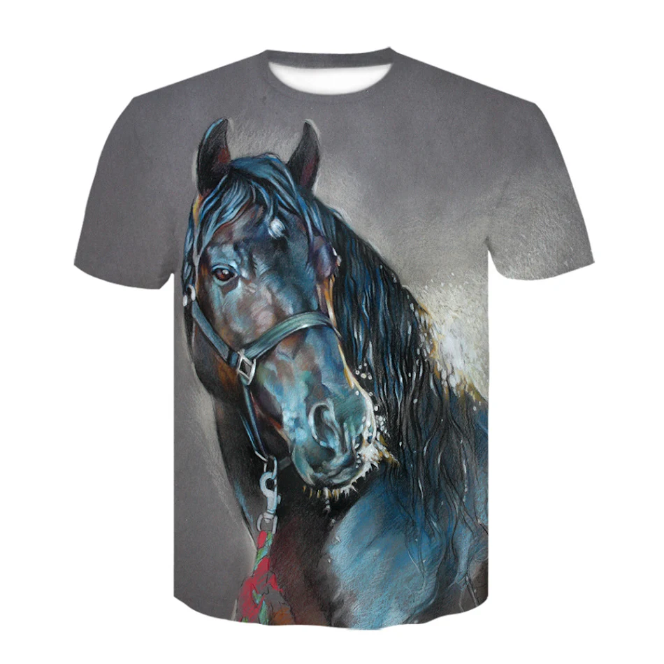 Camiseta para hombre con estampado 3D de caballo, cuello redondo, manga corta, tendencia juvenil. Transpirable y cómoda, perfecta para el verano.