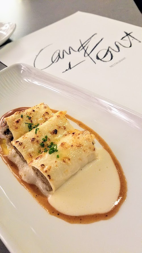 Can Font Happy Hour, also available on their starters section of the dinner menu, of Canelons Trufats - Stuffed Canelons, Chicken, Beef, Pork, Foie Gras, Black Truffle-Parmesan & Ementhal Cheese