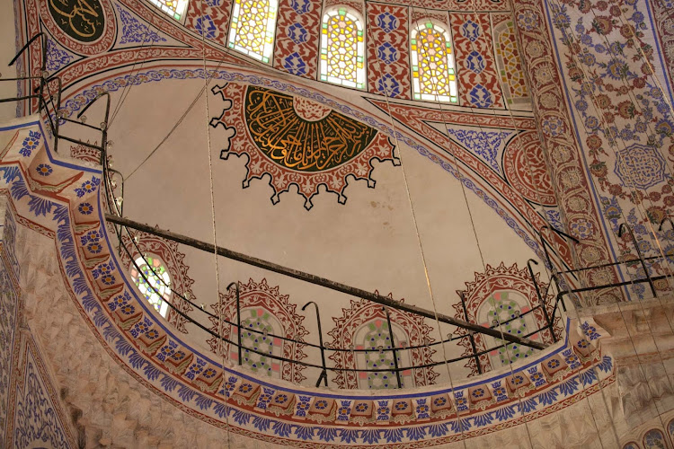 Centuries-old intricate patterns inside the Blue Mosque, or Sultan Ahmed Mosque, in Istanbul. 