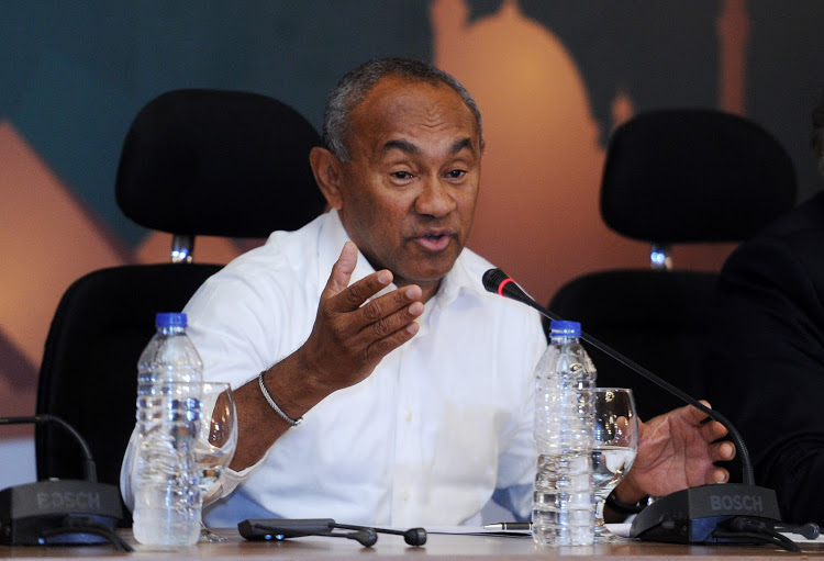 Caf President Ahmad Ahmad speaks during the organisation's ordinary general assembly press conference at the Marriot Hotel in Cairo, Egypt on 18 July 2019.