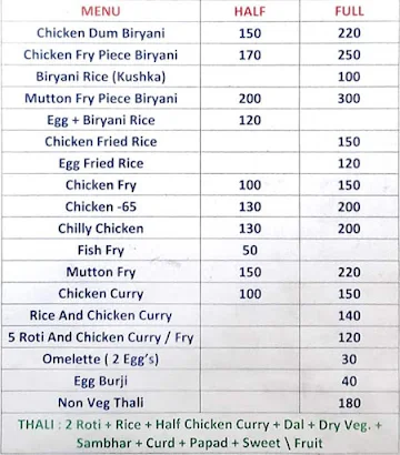 Hyderabadi Biriyani menu 